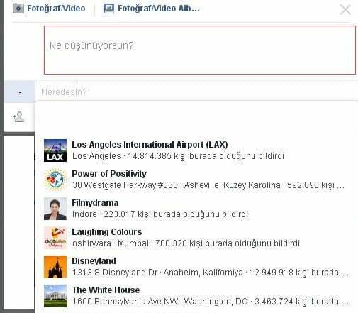 Facebook uygulamasında konum ekleme