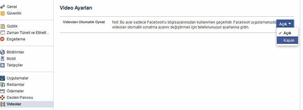 Facebook Otomatik Video Oynatmayı Kapatma Ayarları Facebook otomatik video oynatmayı iptal etme