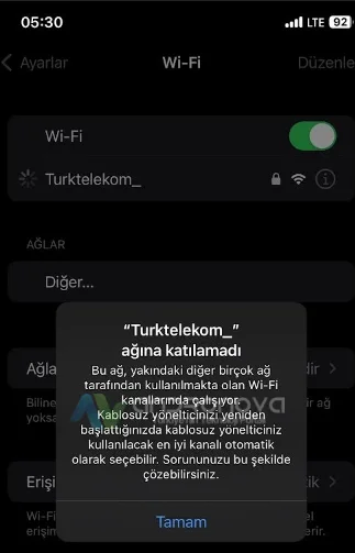 Wi-Fi ağına katılamadı hatası